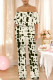 Beige Sexy Colorblock Floral Print Pocket Ruffle Off Shoulder Loose Jumpsuits