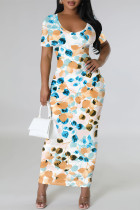 Blue Elegant Gradient Print Contrast O Neck Printed Short Sleeve Dress