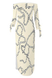 Light Gray Sexy Chain print Slit Contrast Off Shoulder Printed Dresses