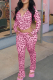 Pink Casual Leopard Print Patchwork Zipper Zipper Collar Long Sleeve Two Pieces