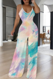 Multicolor Casual Tie Dye Patchwork Spaghetti Strap Loose Jumpsuits