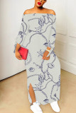 Light Gray Sexy Chain print Slit Contrast Off Shoulder Printed Dresses