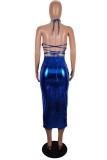 Blue Sexy Solid Color Hollow Out Backless Cross Straps Halter Wrapped Skirt Dresses