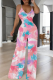 Pink Casual Tie Dye Patchwork Spaghetti Strap Loose Jumpsuits