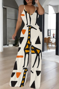 Orange Black Casual Print Patchwork Spaghetti Strap Jumpsuits