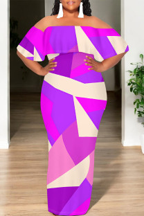 Rose Purple Sexy Colorblock Print Flounce Contrast Off Shoulder Printed Dresses