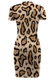 Leopard Print Casual Geometric Print Irregular Contrast O Neck Printed Short Sleeve Dress
