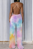 Multicolor Casual Tie Dye Patchwork Spaghetti Strap Loose Jumpsuits
