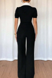 Black Casual Pocket Buckle Patchwork Turndown Collar Jumpsuits