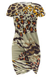 Leopard Print Casual Geometric Print Irregular Contrast O Neck Printed Short Sleeve Dress