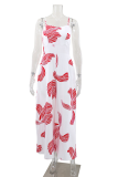 Red Casual Print Patchwork Spaghetti Strap Loose Jumpsuits