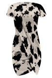 Leopard Print Casual Geometric Print Irregular Contrast O Neck Printed Short Sleeve Dress