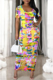 White Elegant Gradient Print Contrast O Neck Printed Short Sleeve Dress