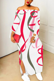 Red Green Sexy Chain print Slit Contrast Off Shoulder Printed Dresses