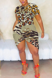 Leopard Print Casual Geometric Print Irregular Contrast O Neck Printed Short Sleeve Dress