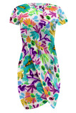 Leopard Print Casual Geometric Print Irregular Contrast O Neck Printed Short Sleeve Dress