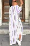 Light Gray Sexy Chain print Slit Contrast Off Shoulder Printed Dresses