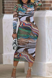 Multicolor Elegant Print Patchwork O Neck Wrapped Skirt Dresses