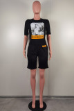 Black Casual Daily Print Basic O Neck Short Sleeve Two Pieces