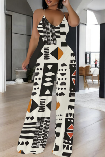 Black And White Casual Print Patchwork Spaghetti Strap Jumpsuits