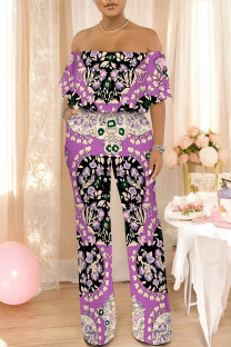 Purple Sexy Colorblock Floral Print Pocket Ruffle Off Shoulder Loose Jumpsuits