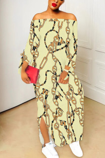 Beige Sexy Chain print Slit Contrast Off Shoulder Printed Dresses