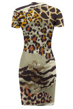 Leopard Print Casual Geometric Print Irregular Contrast O Neck Printed Short Sleeve Dress