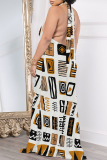 White Casual Print Pocket Patchwork Halter Long Dresses