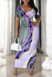 White Elegant Gradient Print Contrast O Neck Printed Short Sleeve Dress
