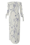 Light Gray Sexy Chain print Slit Contrast Off Shoulder Printed Dresses