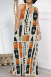 White Casual Print Pocket Patchwork Halter Long Dresses