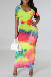 Colour Elegant Gradient Print Contrast O Neck Printed Short Sleeve Dress