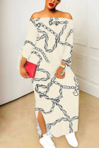 Apricot Sexy Chain print Slit Contrast Off Shoulder Printed Dresses