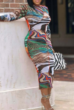 Multicolor Elegant Print Patchwork O Neck Wrapped Skirt Dresses