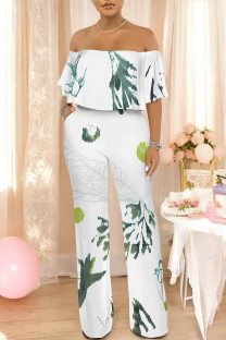 White Green Sexy Colorblock Floral Print Pocket Ruffle Off Shoulder Loose Jumpsuits