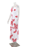 Red Casual Print Patchwork Spaghetti Strap Loose Jumpsuits