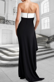 Black Sexy Patchwork High Slit Contrast Strapless Irregular Dresses