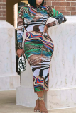 Multicolor Elegant Print Patchwork O Neck Wrapped Skirt Dresses