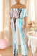 Baby Blue Sexy Colorblock Floral Print Pocket Ruffle Off Shoulder Loose Jumpsuits