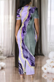 White Elegant Gradient Print Contrast O Neck Printed Short Sleeve Dress