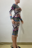 Multicolor Elegant Print Patchwork O Neck Wrapped Skirt Dresses