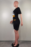 Black Casual Daily Print Basic O Neck Short Sleeve Two Pieces