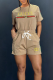 Khaki Casual Letters Embroidered Draw String Pocket O Neck Short Sleeve Two Pieces