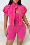 Pink Casual Solid Color Pocket Patchwork Turndown Collar Short Sleeve Two Pieces
