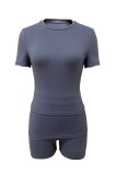 Blue Casual Daily Solid Color Basic O Neck Short Sleeve Two Pieces
