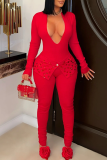 Red Casual Solid Color Slit Hot Drill V Neck Skinny Jumpsuits