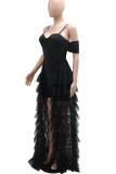 Black Sexy Solid Color Ruffle Mesh Spaghetti Strap Rompers