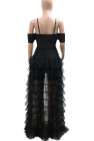 Black Sexy Solid Color Ruffle Mesh Spaghetti Strap Rompers