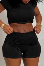 Black Casual Daily Solid Color Basic O Neck Short Sleeve Two Pieces