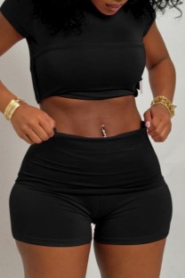 Black Casual Daily Solid Color Basic O Neck Short Sleeve Two Pieces